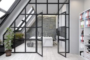 Bureau design avec une cloison vitrée une bibliothèque