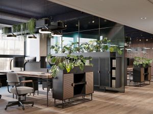 Open space avec beaucoup de plantes et une cloison vitrée